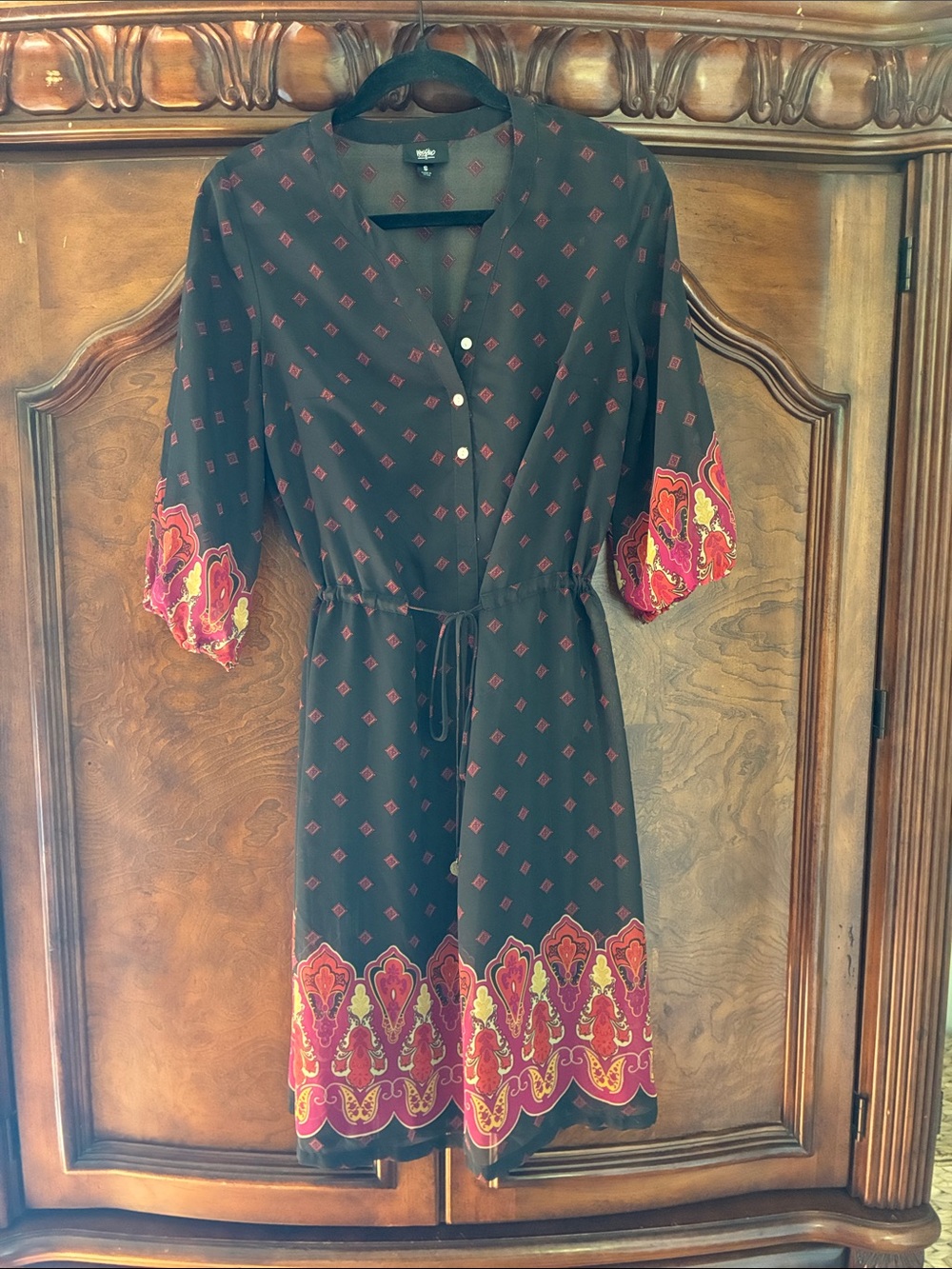 Women's Brown Boho Tie-Waist Dress with Pink and Red Paisley Trim